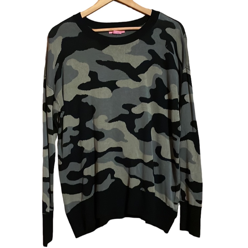 •ISAAC MIXRAHI•CAMOUFLAGE SCOOPNECK BLACK RIBBED TRIM KNIT SWEATER SIZE XL